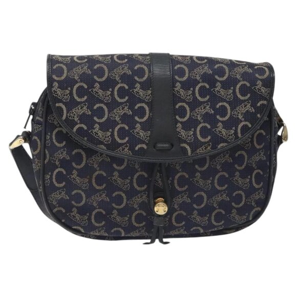 CELINE C Sulky Shoulder Bag Canvas Navy Gold Auth - Picture 1 of 16